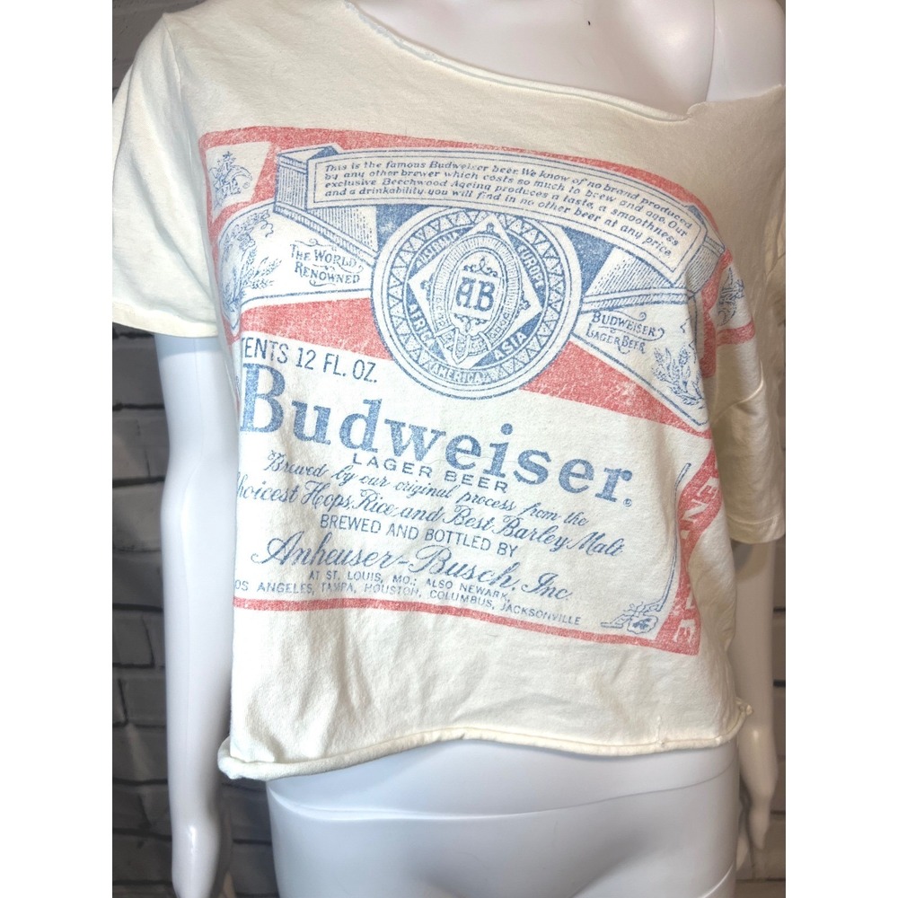 Budweiser Hybrid Apparel Graphic Crop Top Off Shoulder Cream Beer Tee XL